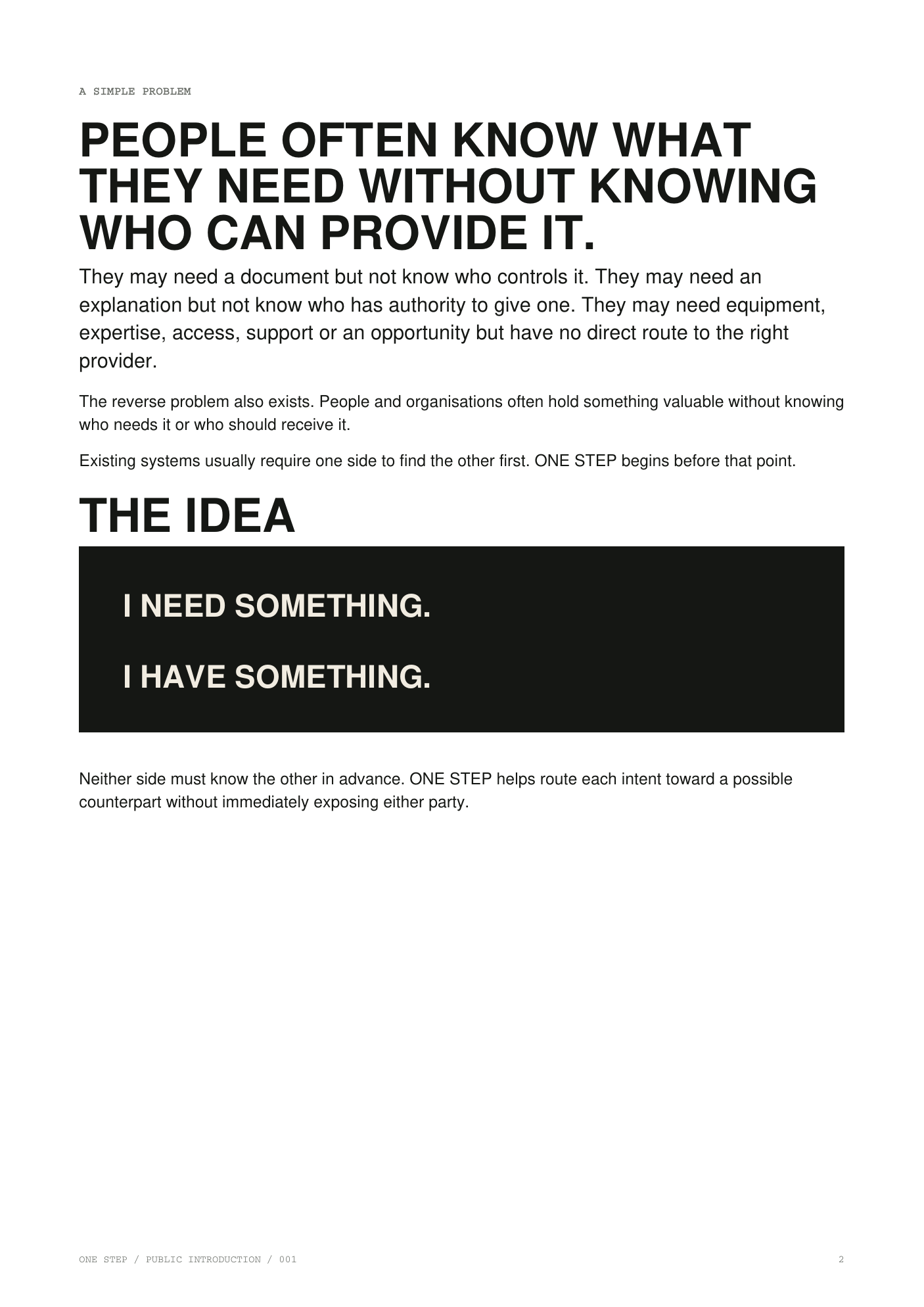 Page two of the ONE STEP public introduction showing the simple problem and the request/offer idea.