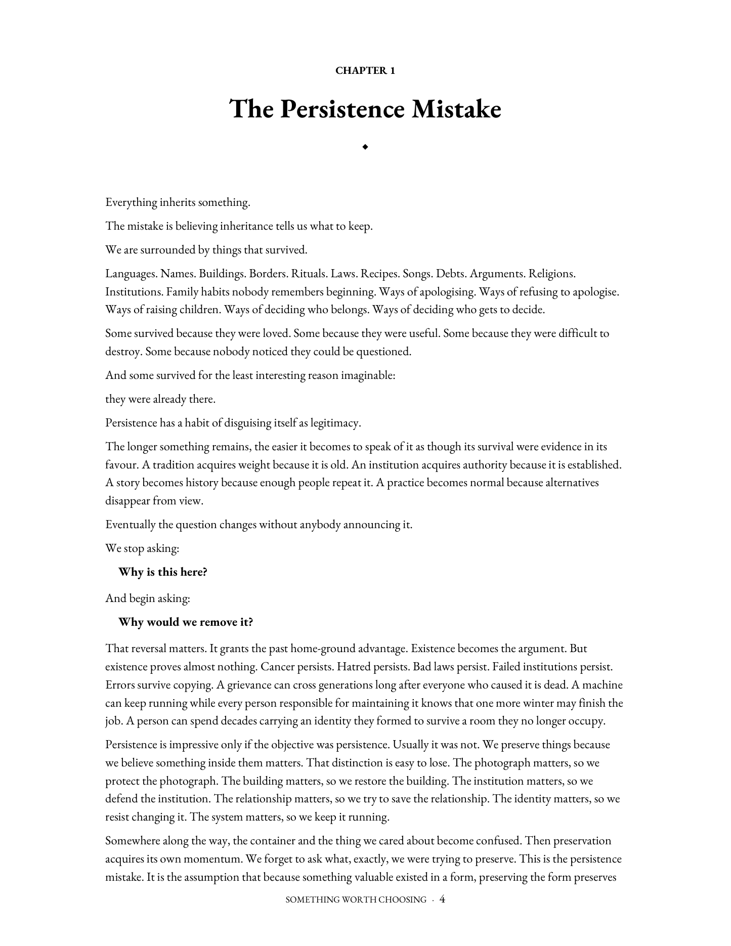 Interior page from Something Worth Choosing, chapter one, The Persistence Mistake.